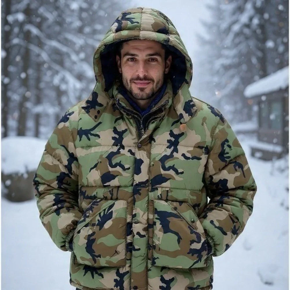 Polo Ralph Lauren Camo Boulder Down Puffer Jacket Men L Leather Trim Hooded NWOT